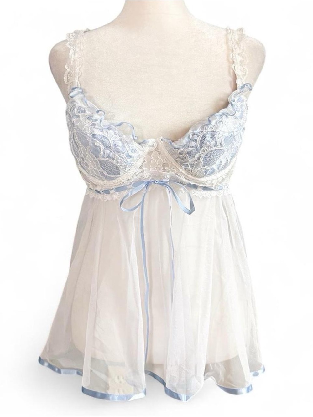 Shirley of Hollywood Blue & White Lace Babydoll Lingerie Top Size Large
